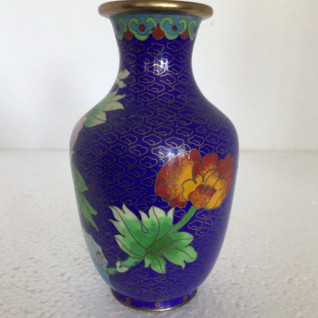 Blue Blue Cloisonné Vases Decorated in Traditional Chinese Wealth Flowers - A Pair For Sale - Image 8 of 13