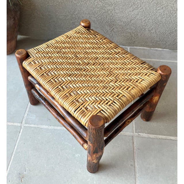 Rustic Chic Mid 20th-Century Hickory Wood & Handwoven Double Twill Plaited Cane Bench For Sale - Image 14 of 18