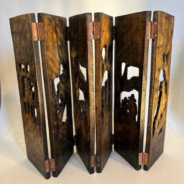 Mid 20th Century Mid 20th Century Antique Carved Wooden Folding Screen 6-Paneled Hinged Asian Artwork For Sale - Image 5 of 8