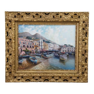 Amleto Colucci Marina Grande Capri Italian Cityscape Boats Harbor Oil Painting For Sale