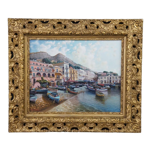 Amleto Colucci Marina Grande Capri Italian Cityscape Boats Harbor Oil Painting For Sale