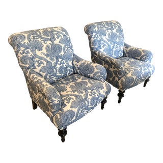 Classic Pair of Blue & White Big Rolled Arm Comfy Club Chairs For Sale