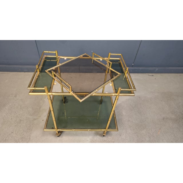 Hollywood Regency Vintage Brass Faux Bamboo Serving Cart, 1960s For Sale - Image 3 of 11