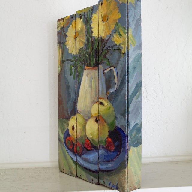 Blue Still Life Impressionist Kitchen Painting of Fruit and Daisies on Antique Wooden Crate For Sale - Image 8 of 11