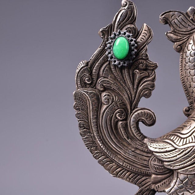 Silver Silver-Plated Phoenix Oil Lamp With Gemstone Inlay, 845g, Figural Bird Ewer For Sale - Image 8 of 9