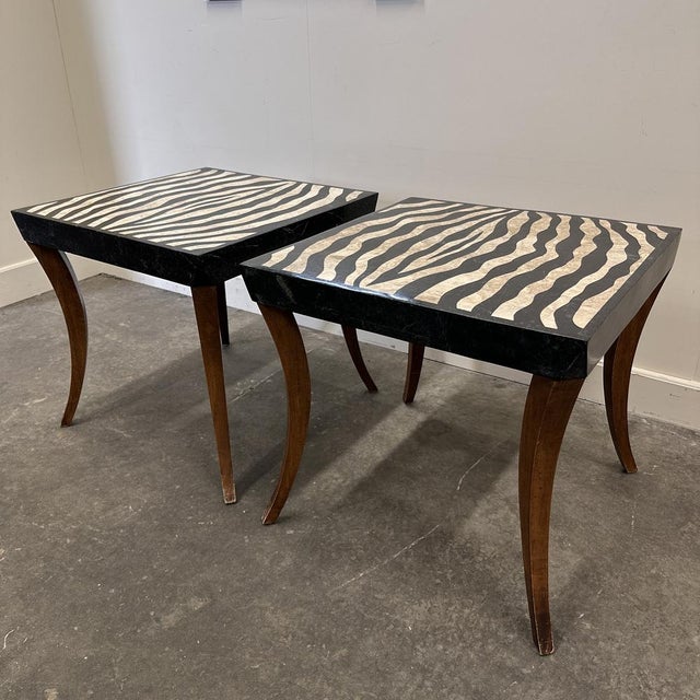 Italian Zebra Inlaid Tessellated Stone Tables with Refined Curv, Set of 2 For Sale - Image 13 of 16