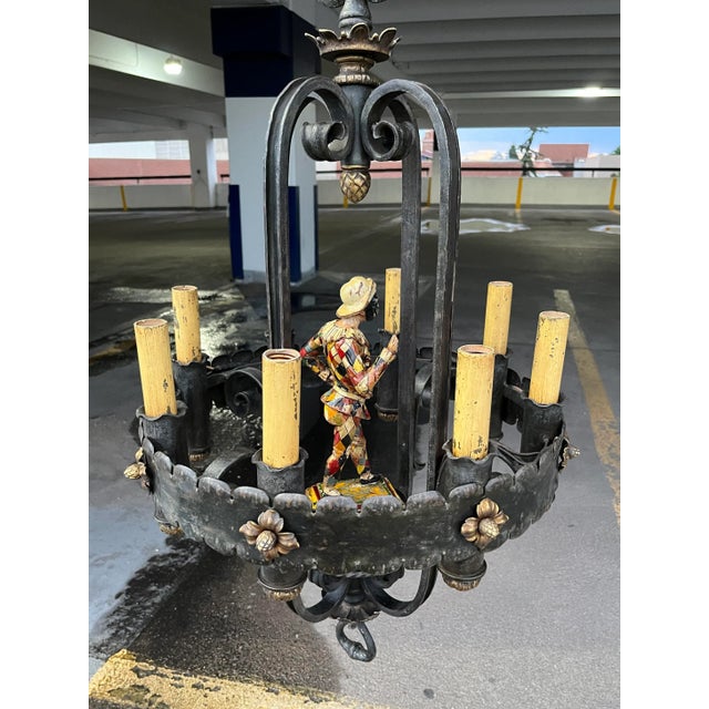 Metal Bronze & Iron 8-Light Gothic Chandelier With Figural Harlequin Sculpted on Plinth For Sale - Image 7 of 13