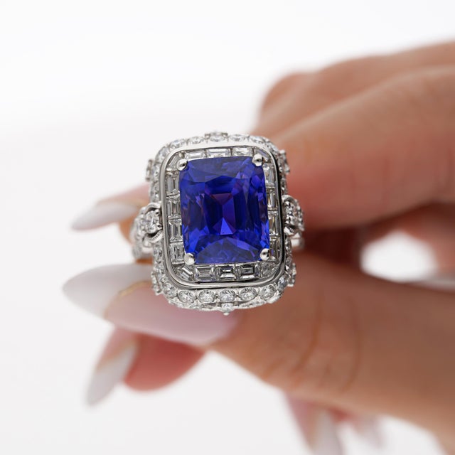 Mid 20th Century Agl Certified 10.10 Carat No Heat Ceylon Cornflower Blue Sapphire & Diamond Ring Size 6.5 For Sale - Image 11 of 12