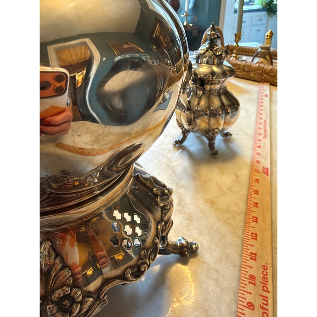 1950s Victorian Reed & Barton Winthrop Silverplate Tea and Coffee Set With Kettle on Stand, Pumpkin Finials, 4 Pieces For Sale - Image 16 of 18