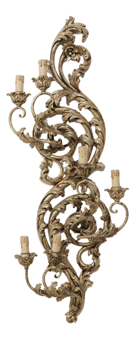 Large Baroque Wall Lamp in Golden Carved Wood, 1940s