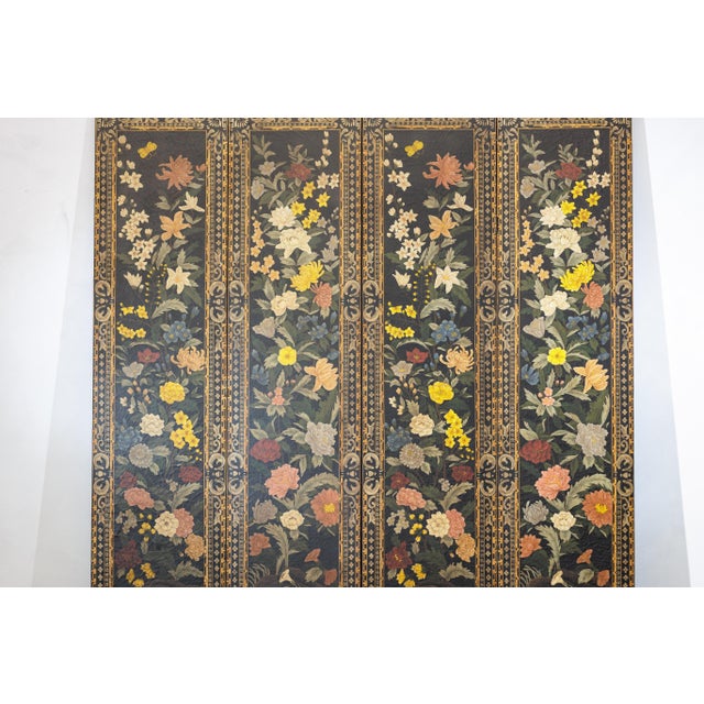 Four-Panel Chinese Black Lacquer Screen with Polychrome Floral Decoration For Sale - Image 4 of 18