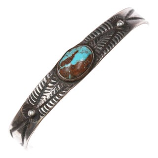 6" 30's-40's Navajo silver cuff bracelet with nice turquoise For Sale