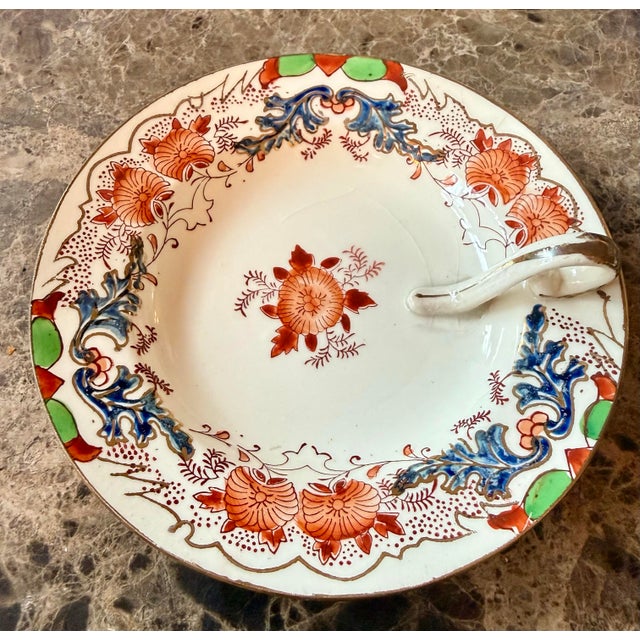 Shabby Chic Japanese Moriyama Hand-Painted Gilt Floral Ceramic Candy Dish With Finger Loop Handle For Sale - Image 3 of 9