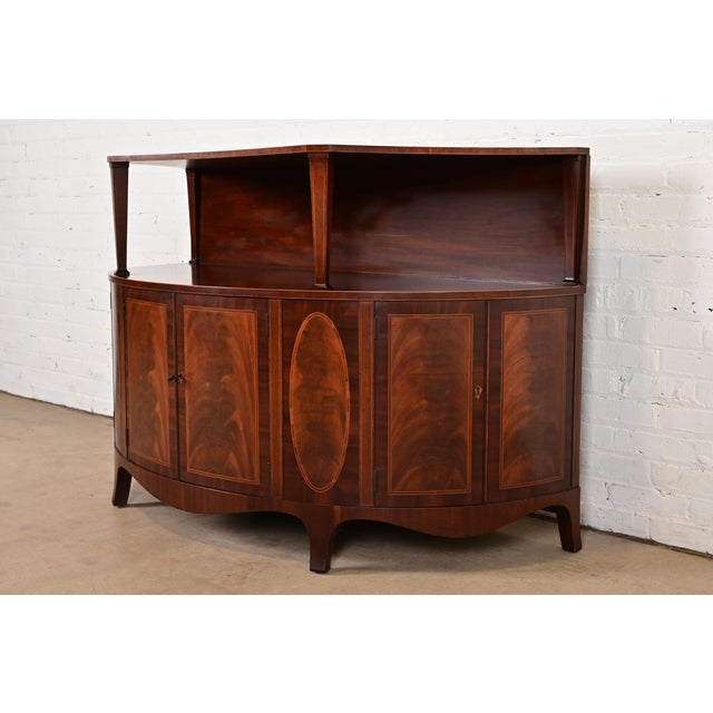 Hepplewhite Baker Furniture Georgian Inlaid Flame Mahogany Demilune Sideboard Buffet or Bar Cabinet, Circa 1940s For Sale - Image 3 of 15