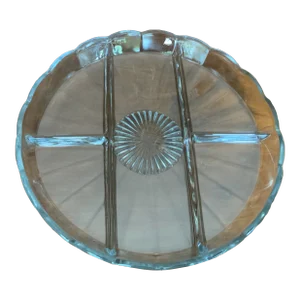 Vintage Glass Divided Dish With Starburst Center and Scalloped Edge