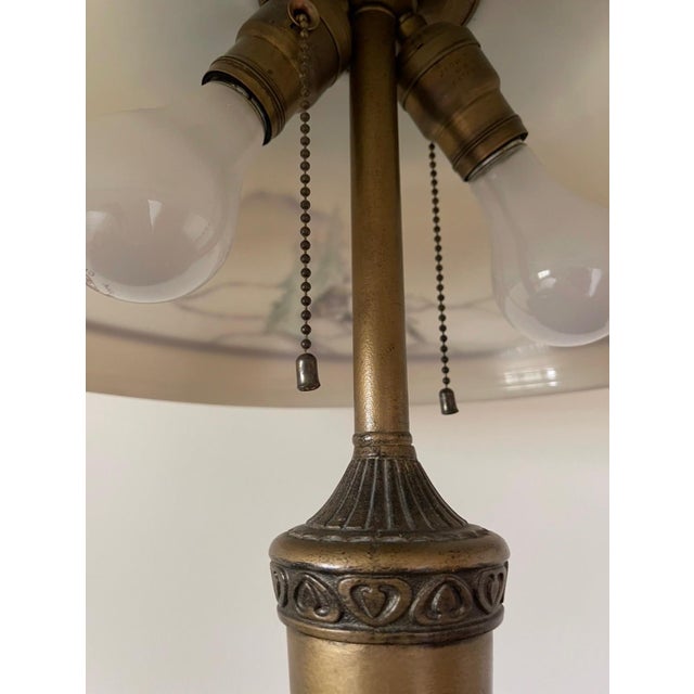 Antique C. 1920 Pittsburgh School Reverse-Painted 2-Light Glass Table Lamp - Winter Cabin Scene For Sale - Image 4 of 6