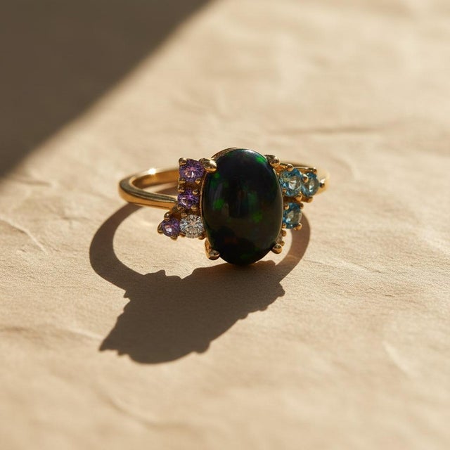 Black Black Opal Multicolor Ring in 14k Gold, Size 7.5 For Sale - Image 8 of 9