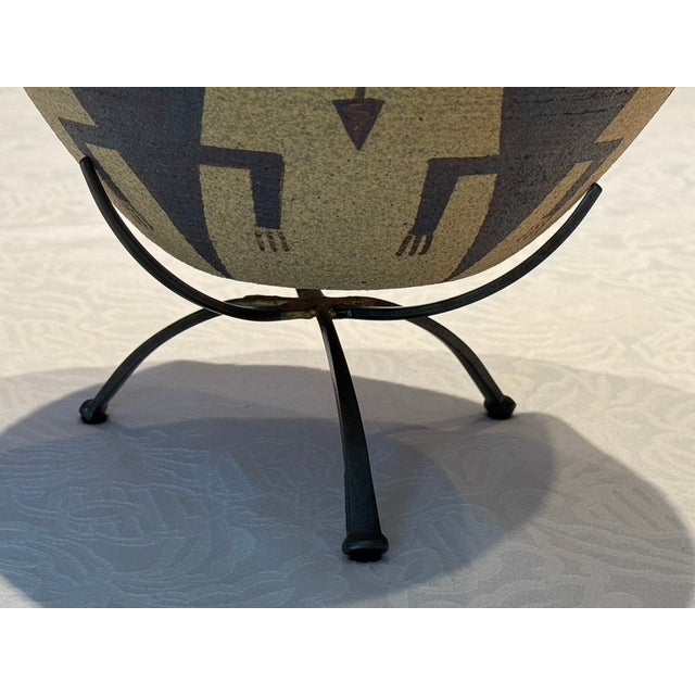 Vintage 1978 David Salk Signed "Clay Basket" Native American Style Frog Motif Pottery Bowl With Custom Iron Stand For Sale In Los Angeles - Image 6 of 7