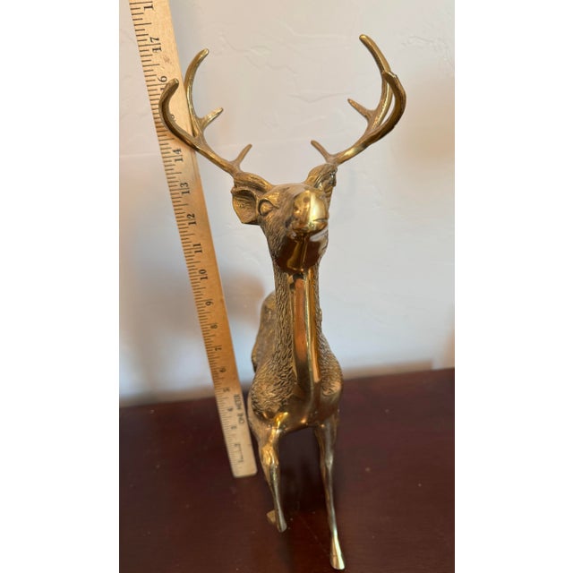 Vintage Solid Brass a Pair of Large Spotted Solid Brass Deer Statues, a Buck and a Doe Decor For Sale - Image 4 of 11