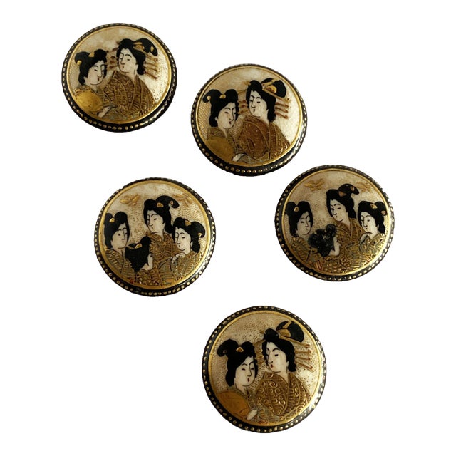 Late Meiji Era Hand Painted Geisha Satsuma Button Set of 5 For Sale