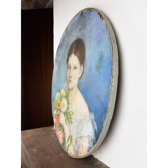 Textile Oval Portrait of a Young Girl with Flowers, 1800s, Pastel Artwork For Sale - Image 7 of 18