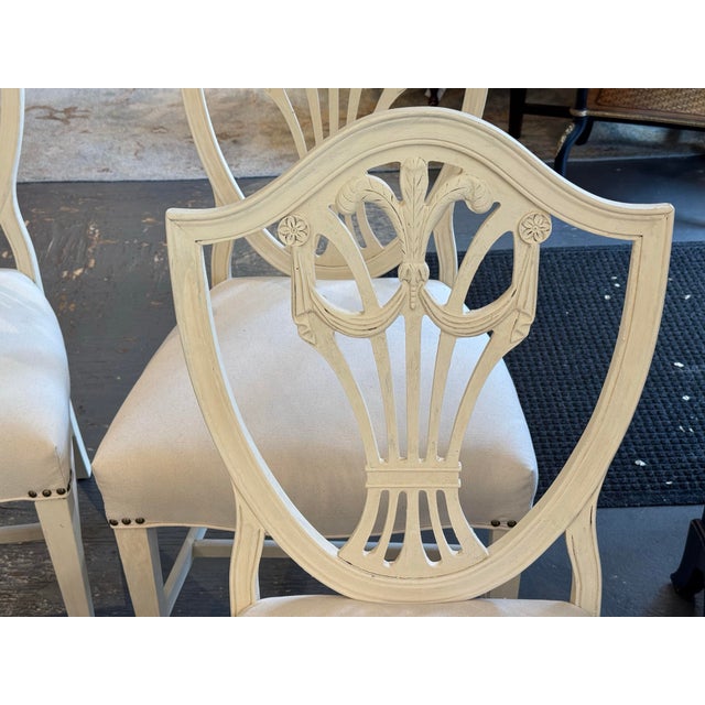 19th Century Antique Mahogany Hepplewhite Style Shieldback Chairs Painted French Linen White For Sale - Image 9 of 10