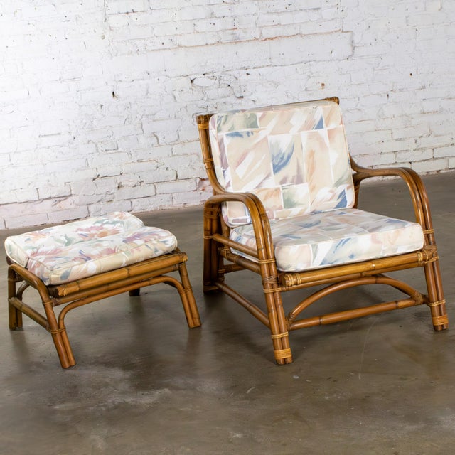 Wood Mid-20th Century Tropical or Coastal Style Rattan Lounge Chair and Ottoman Set by Calif Asia For Sale - Image 7 of 18