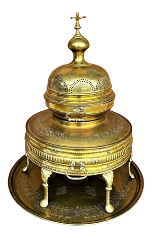Antique C 1900 Arabic Solid Brass Fire Pit Ceremonial Brazier With Matching Tray