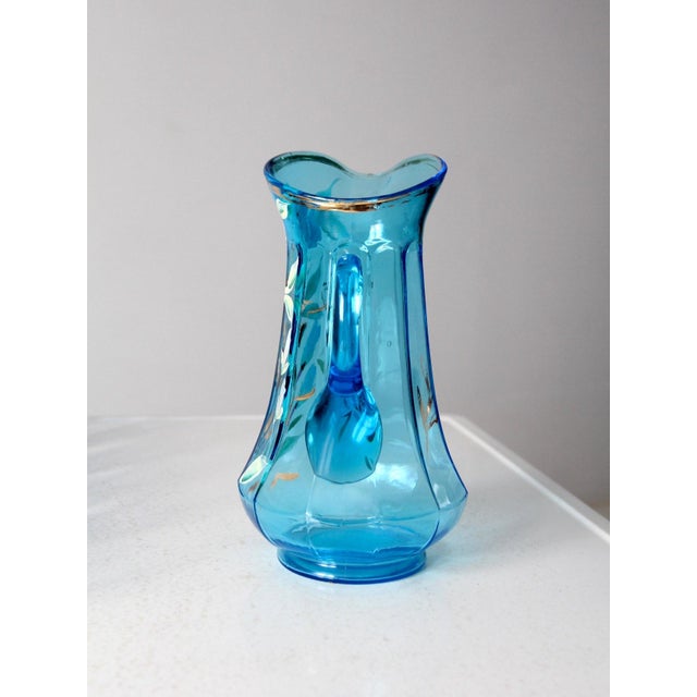 Antique Blue Hand-Painted Glass Pitcher and Tumbler Set For Sale - Image 11 of 14