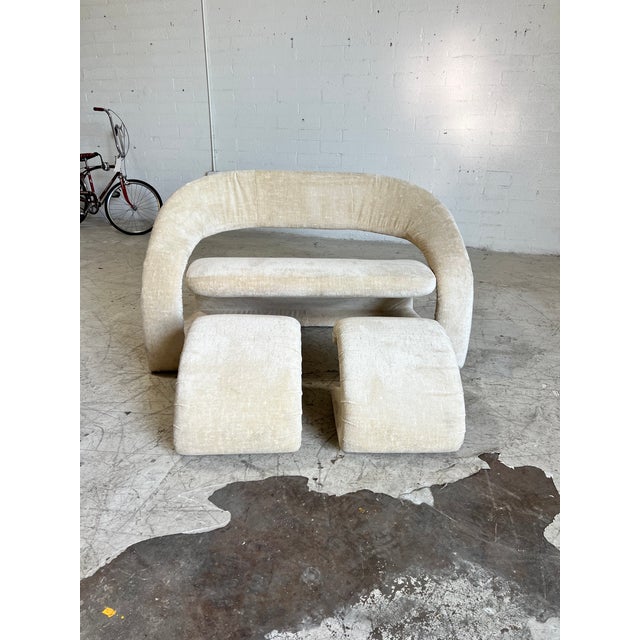 Vintage Postmodern Velvet Loveseat Sofa and Ottomans - A Set For Sale - Image 4 of 6