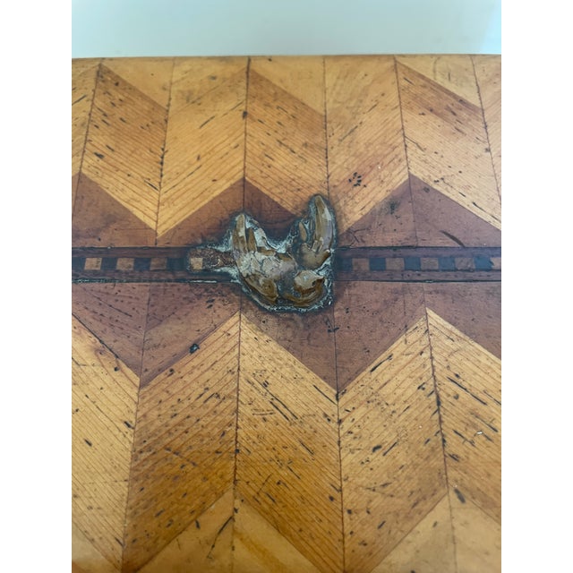Brown Handmade Antique Wooden Box With Geometric Herringbone Chevron Parquetry Inlay For Sale - Image 8 of 12