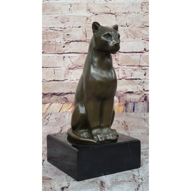 Panther Puma Cougar Cat Bronze Sculpture Statue Figure on Marble Base For Sale - Image 4 of 10