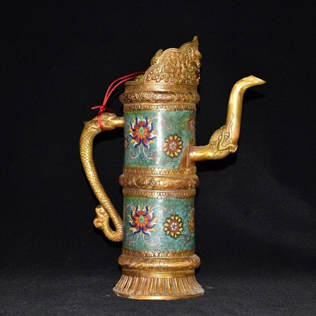Vintage Asian Cloisonné Gilt Bronze Tibetan Butter Tea Pot - Himalayan Monk's Ewer For Sale In Los Angeles - Image 6 of 9