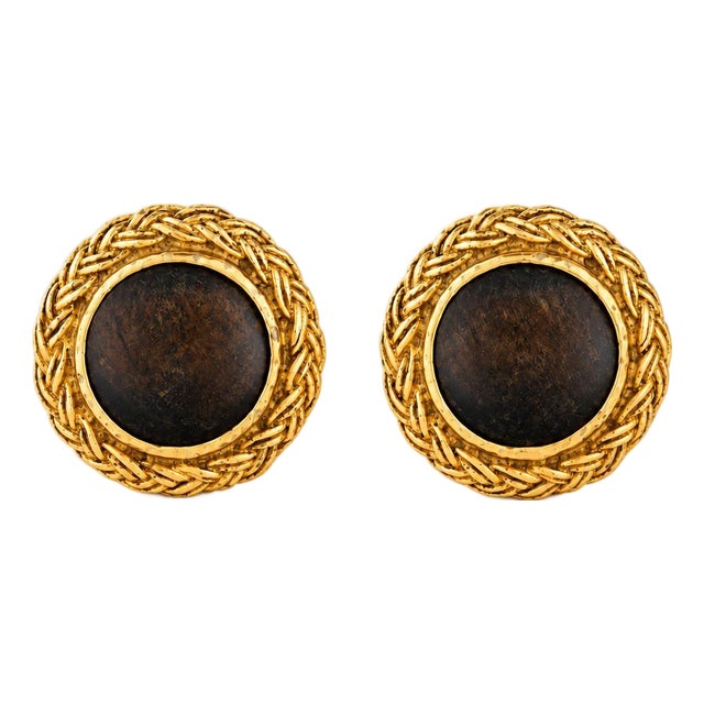 Vintage Chanel 1970s Gold-Plated & Carved Wood Clip-on Earrings, Pair For Sale