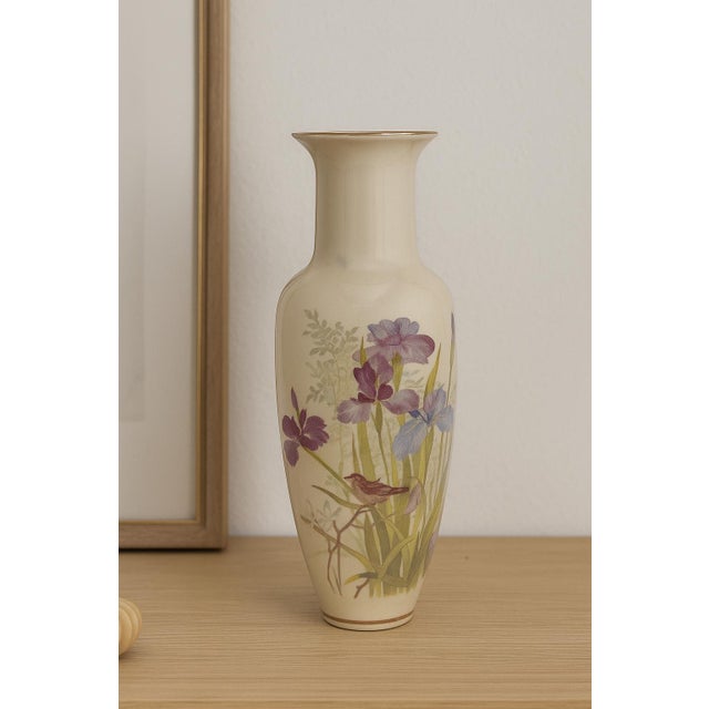Ivory Vintage Japanese Porcelain Vase With Hand-Painted Irises & Songbird Motif For Sale - Image 8 of 8