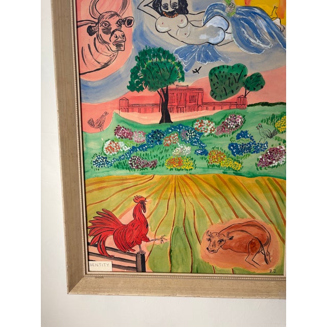 Surrealist landscape illustrated by BJ. Imagery is of a formal house with outsized farm animals and an elevated goddess...