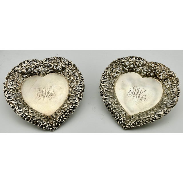 Late 19th Century Late 19th Century Beautiful Original Matched Pair of Fancy Antique American Victorian Sterling Silver Heart Shape Bon Bon Serving Dishes For Sale - Image 5 of 18