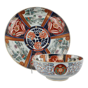 Large Japanese Imari Charger and Matching Large Bowl With Landscape Scenes Signed Teizen C 1910
