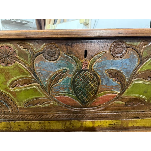 Antique Hand-Carved Painted Wooden Chest / Hutch on Wheels For Sale - Image 4 of 5
