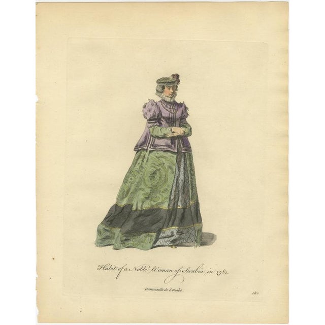Jefferys, Noblewoman of Swabia in Purple Jacket and Green Skirt, Costume of 1581, 1757, Engraving For Sale - Image 3 of 9