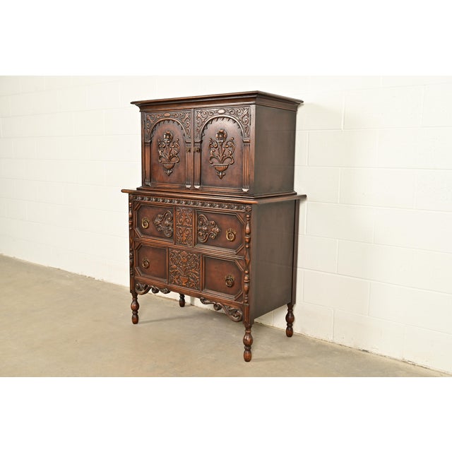 English Berkey & Gay Style Antique English Jacobean Carved Walnut Highboy Dresser, Circa 1920s For Sale - Image 3 of 16