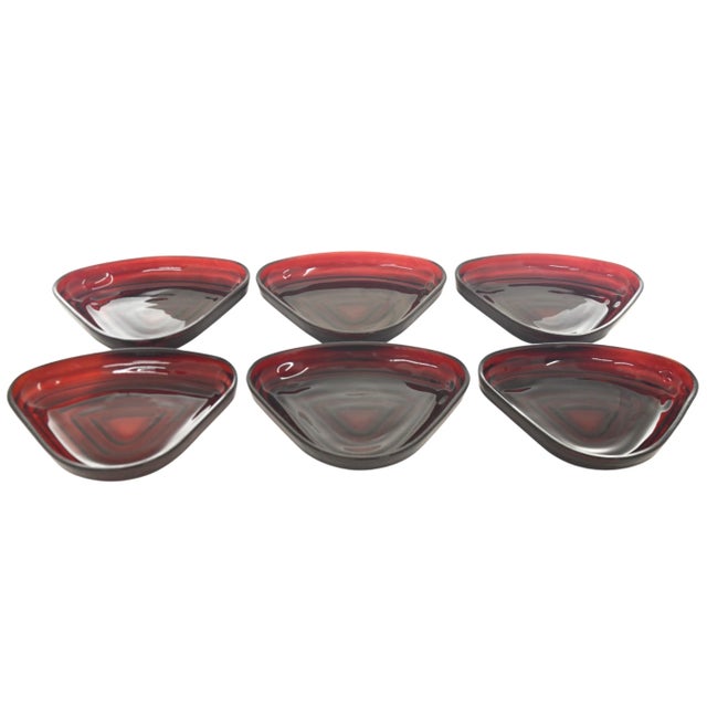 Set of six ruby red vintage glass triangular dessert, salad appetizer bowls or plates. Simply a beautiful vintage addition...
