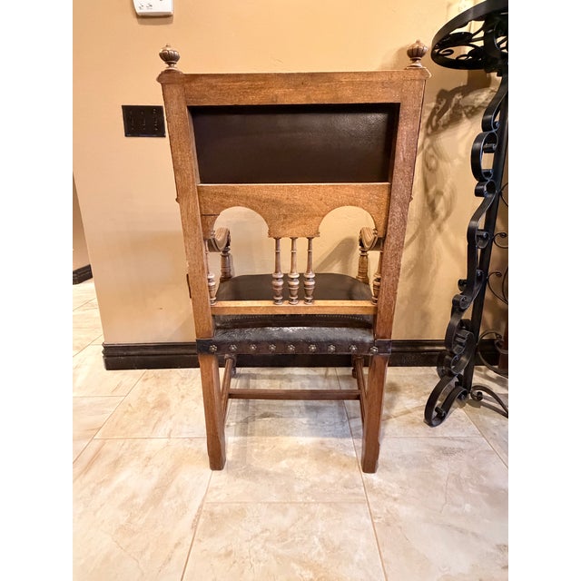 Wood Vintage Renaissance Revival Carved Wood and Embossed Leather Armchairs – A Pair For Sale - Image 7 of 11
