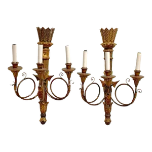 Mid 20th Century Italian Carved Giltwood Neoclassical Quiver Motif 3-Light Sconces - a Pair