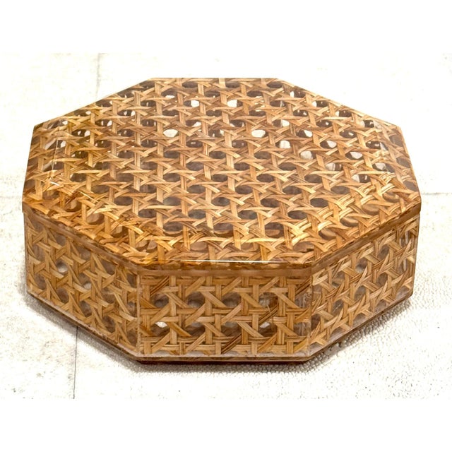 Italian Italian Dior Style Lucite Caning Rattan Octagonal Box For Sale - Image 3 of 11