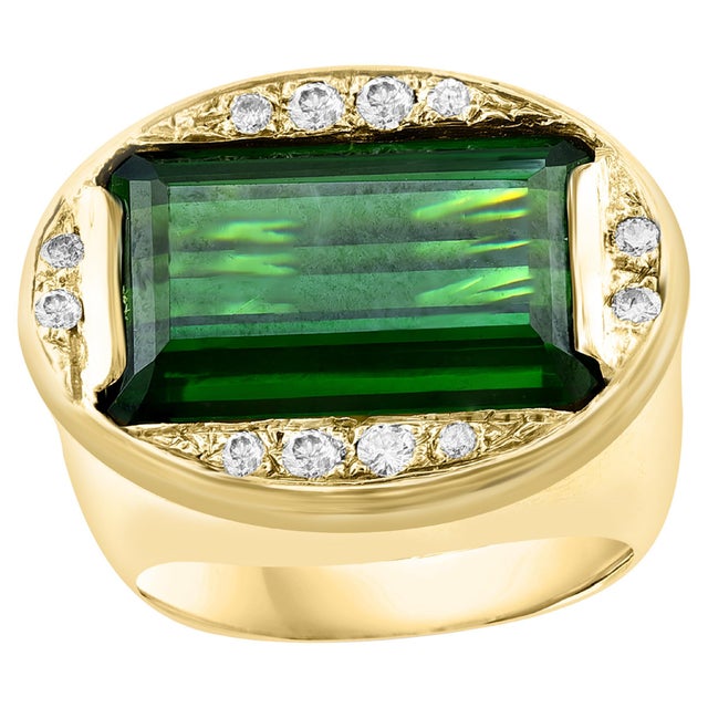 GIA Certified 11.72 Ct Green Tourmaline & Diamond Cocktail Ring 14K Yellow Gold For Sale - Image 15 of 18