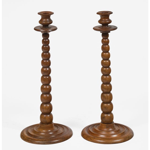 Wood Pair Tall Bobbin Turned Walnut Candlesticks For Sale - Image 7 of 9