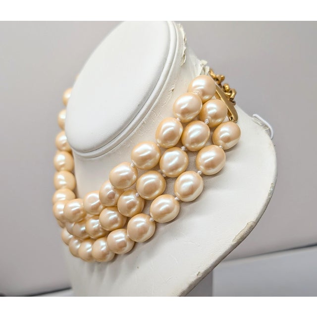 Vintage Signed Monet Goldtone 3-Strand Faux-Baroque Pearl Collar Necklace For Sale - Image 9 of 10