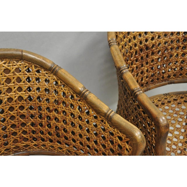 Wood Vintage Hollywood Regency Faux Bamboo Wood & Cane Barrel Back Lounge Chair, Pair For Sale - Image 7 of 15