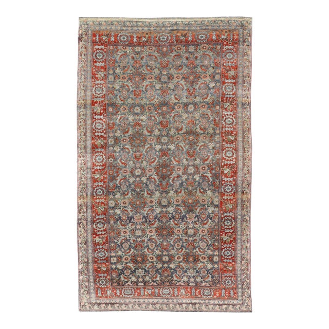 Antique Persian Bidjar Gallery Rug With Blue-Grey Field and Red Herati Design For Sale